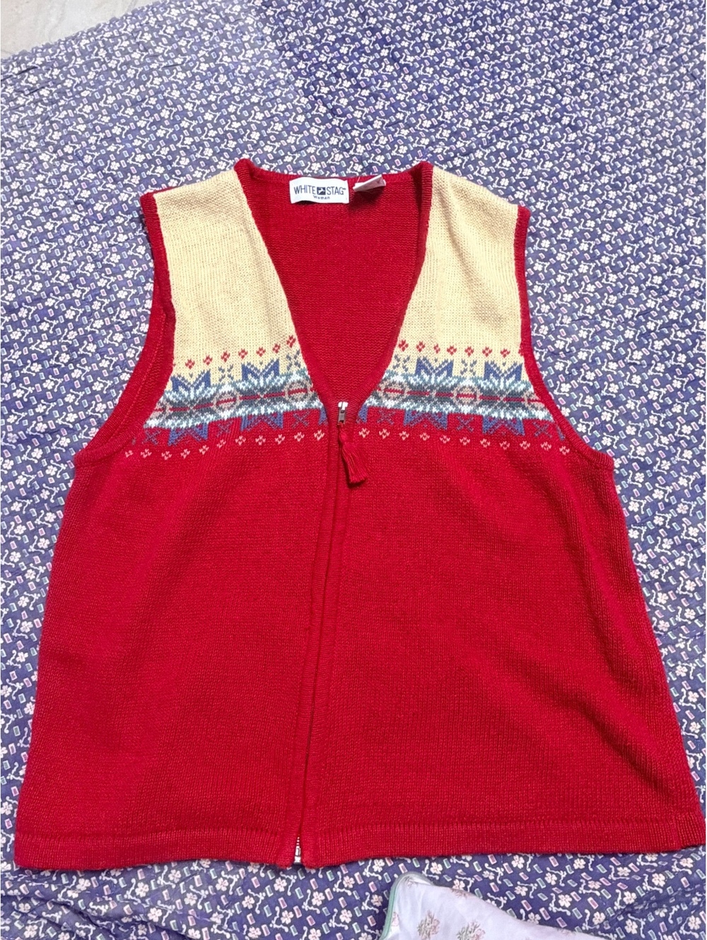 Vintage White Stag Fair Isle Zip-Up Sweater Vest Red Cream Plus Size 18W/20W